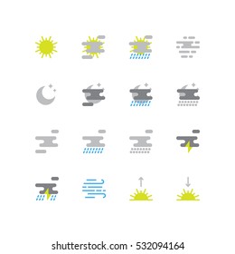 Weather forecast icons set. Flat icons of the sun, clouds, rain, snow, fog, wind, storm, moon, sunrise and sunset. 