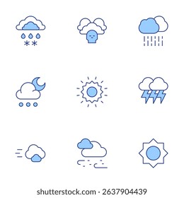 Weather forecast icons set. Line Duotone style, editable stroke. rain, extreme weather, hail, sun, lightning, cloud, snowfall.