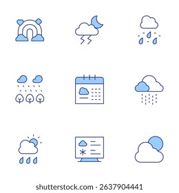 Weather forecast icons set. Line Duotone style, editable stroke. rainbow, thunderstorm, sleet, forest, calendar, drizzle, rainy, meteorology, weather.