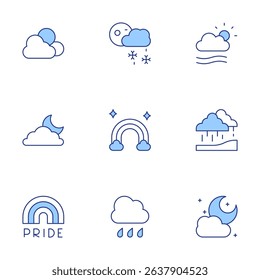 Weather forecast icons set. Line Duotone style, editable stroke. weather, snow, fog, cloud, rainbow, monsoon, pride, rainy, moon.