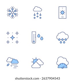 Weather forecast icons set. Line Duotone style, editable stroke. snowflake, hail, weather forecast, starry night, thermometer, rain, windy, weather, pressure.