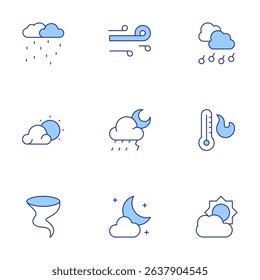 Weather forecast icons set. Line Duotone style, editable stroke. snow, wind, hailstorm, tornado, night, cloudy day, sun, rain, warm.