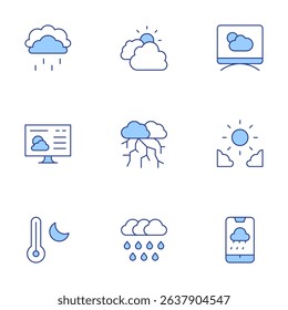 Weather forecast icons set. Line Duotone style, editable stroke. snow, cloudy, weather forecast, temperature, heavy rain, rain, storm, day.