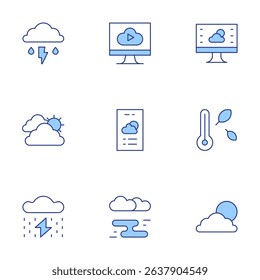 Weather forecast icons set. Line Duotone style, editable stroke. storm, forecast, weather forecast, cloudy, weather app, thermometer, fog, cloudy day.