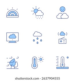 Weather forecast icons set. Line Duotone style, editable stroke. rainbow, meteorology, killer fog, wind, thermometer, high temperature, weather forecast