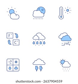 Weather forecast icons set. Line Duotone style, editable stroke. cloudy, rainy night, thermometer, fahrenheit, rain, windstorm, weather news, thunder.