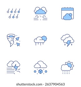 Weather forecast icons set. Line Duotone style, editable stroke. hail, wind, weather, climate, cloudy, thunderstorm, windstorm, rain.