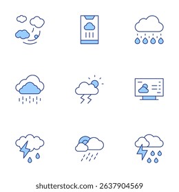 Weather forecast icons set. Line Duotone style, editable stroke. contrail, weather forecast, rainy, storm, rain, thunderstorm, weather.