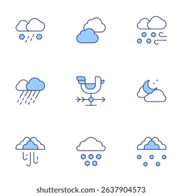 Weather forecast icons set. Line Duotone style, editable stroke. hail, clouds, snow, rain, weathercock, night, blizzard.