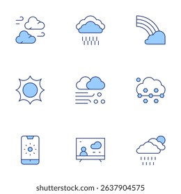 Weather forecast icons set. Line Duotone style, editable stroke. cloudy, rain, rainbow, sun, blizzard, hail, sunny, weather forecast.