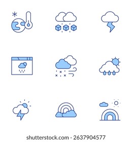 Weather forecast icons set. Line Duotone style, editable stroke. cold, hail, storm, weather, snowfall, rainy day, rainbow.
