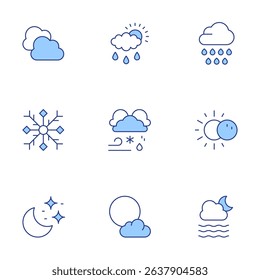 Weather forecast icons set. Line Duotone style, editable stroke. cloudy, rain, rain cloud, snowflake, thunderstorm, eclipse, night, full moon, foggy.