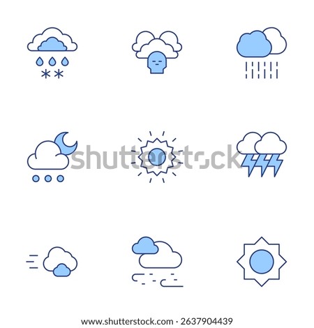 Weather forecast icons set. Line Duotone style, editable stroke. rain, extreme weather, hail, sun, lightning, cloud, snowfall.