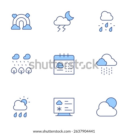 Weather forecast icons set. Line Duotone style, editable stroke. rainbow, thunderstorm, sleet, forest, calendar, drizzle, rainy, meteorology, weather.