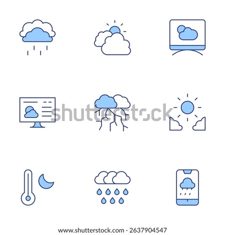 Weather forecast icons set. Line Duotone style, editable stroke. snow, cloudy, weather forecast, temperature, heavy rain, rain, storm, day.