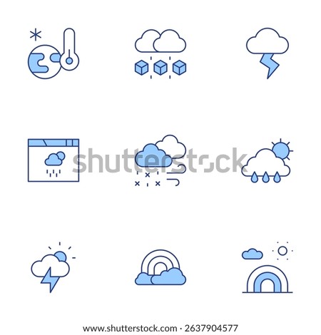 Weather forecast icons set. Line Duotone style, editable stroke. cold, hail, storm, weather, snowfall, rainy day, rainbow.