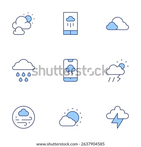 Weather forecast icons set. Line Duotone style, editable stroke. cloudy day, forecast, clouds, rainy, storm, rain, wind, day, thunder.
