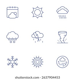 Weather forecast icons set. Thin Line style, editable stroke. rain, sun, wind, storm, weather, tornado, snowflake.