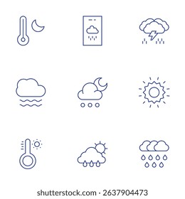 Weather forecast icons set. Thin Line style, editable stroke. thunder, sun, heavy rain, temperature, fog, thermometer, weather forecast, hail, rainy day.