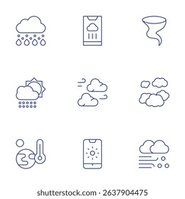 Weather forecast icons set. Thin Line style, editable stroke. tornado, clouds, blizzard, rainy, rain, hot, weather forecast, cloudy, sunny.