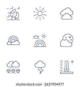 Weather forecast icons set. Thin Line style, editable stroke. wind, rainbow, hail, sun, storm, clouds, moon, high temperature.
