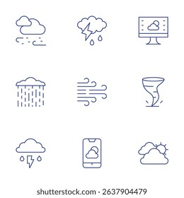 Weather forecast icons set. Thin Line style, editable stroke. snowfall, rainy, storm, wind, cloudy, weather forecast, tornado.