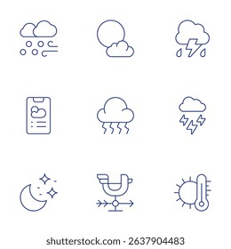 Weather forecast icons set. Thin Line style, editable stroke. snow, night, full moon, bolt, weathercock, thunderstorm, storm, temperature, weather app.