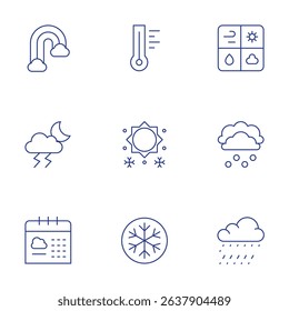 Weather forecast icons set. Thin Line style, editable stroke. rainbow, thunderstorm, calendar, thermometer, snow, weather news, rainy.