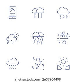 Weather forecast icons set. Thin Line style, editable stroke. rain, storm, thunderbolt, snow, day, weather forecast, cloudy day, rainy.