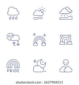 Weather forecast icons set. Thin Line style, editable stroke. monsoon, rainbow, killer fog, rainy, snow, pride, fog, moon.