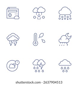Weather forecast icons set. Thin Line style, editable stroke. hail, thermometer, storm, snow, rain, rainy, weather forecast, thunder, weather.