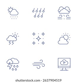 Weather forecast icons set. Thin Line style, editable stroke. hail, thunderstorm, wind, rain, forecast, starry night, meteorology, weather.