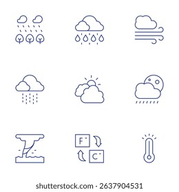 Weather forecast icons set. Thin Line style, editable stroke. forest, drizzle, waterspout, rain, cloudy, fahrenheit, wind, rainy night, overheating.