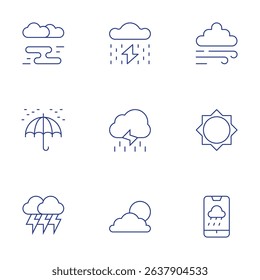 Weather forecast icons set. Thin Line style, editable stroke. fog, umbrella, lightning, storm, rain, cloudy day, wind, sun.