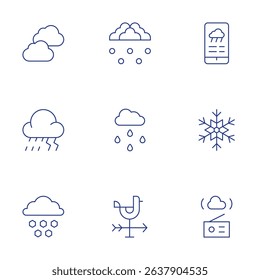 Weather forecast icons set. Thin Line style, editable stroke. clouds, rain, hail, weathercock, weather forecast, snowflake.