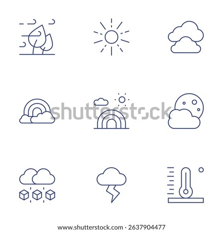 Weather forecast icons set. Thin Line style, editable stroke. wind, rainbow, hail, sun, storm, clouds, moon, high temperature.