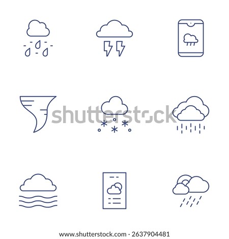 Weather forecast icons set. Thin Line style, editable stroke. sleet, rain, thunder, mist, weather, weather app, twister, snowfall.