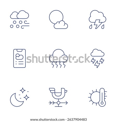 Weather forecast icons set. Thin Line style, editable stroke. snow, night, full moon, bolt, weathercock, thunderstorm, storm, temperature, weather app.