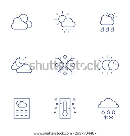 Weather forecast icons set. Thin Line style, editable stroke. rainy, thermometer, night, rain, snowflake, weather, eclipse, meteorology.