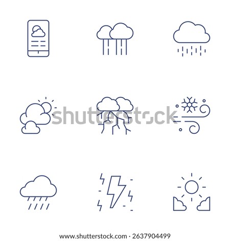 Weather forecast icons set. Thin Line style, editable stroke. rain, storm, thunderbolt, snow, day, weather forecast, cloudy day, rainy.