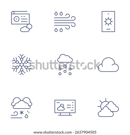 Weather forecast icons set. Thin Line style, editable stroke. radio, snowflake, thunderstorm, moisture laden wind, hail, weather, weather forecast, cloud.