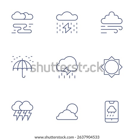 Weather forecast icons set. Thin Line style, editable stroke. fog, umbrella, lightning, storm, rain, cloudy day, wind, sun.