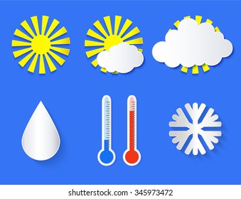 Weather forecast icons, stylized applique cutout paper cloud, sun, water drop, snowflake, thermometers with shadow on blue sky background, vector weather icon for meteo forecasting websites 