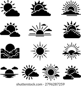 Weather forecast icons sun clouds rain snow wind fog storm sunrise sunset weather conditions symbols.