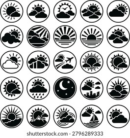 Weather forecast icons sun clouds rain snow fog wind storm sunrise sunset night.