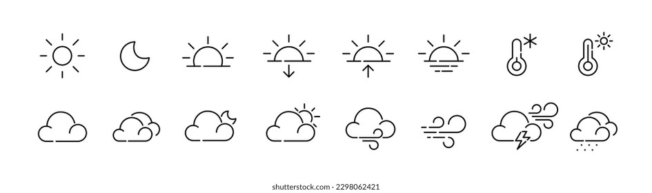 Weather forecast icons. Sunny, hot, cold, cloudy or partly cloudy, windy, rain. Pixel perfect, editable stroke icons set