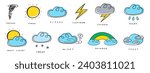Weather forecast icons. Sunny, rainy, snowy, cloudy, rainbow, windy, foggy, lightning. Design for website or app. Education for children. Flat vector hand drawn isolated illustrations.