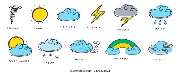 Weather forecast icons. Sunny, rainy, snowy, cloudy, rainbow, windy, foggy, lightning. Design for website or app. Education for children. Flat vector hand drawn isolated illustrations.