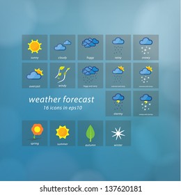 Weather forecast icons. Vector icons - stylized weather events. Thematic symbols on natural vector blurred background. Sizable, editable icons.