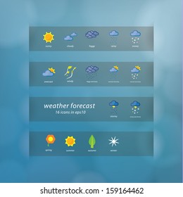 Weather forecast icons. Vector icons - stylized weather events. Thematic symbols on natural vector blurred background. Sizable, editable icons.
